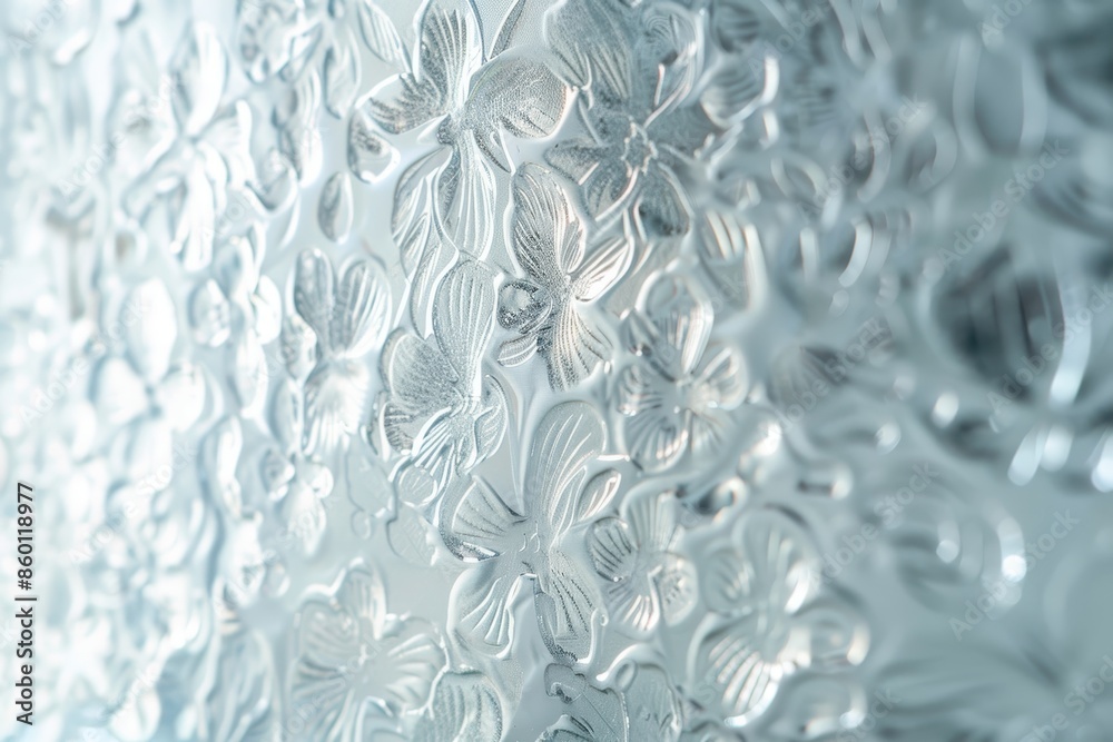 Close-up of frosted glass with intricate floral patterns, creating a beautiful and delicate textured surface perfect for backgrounds or design projects.
