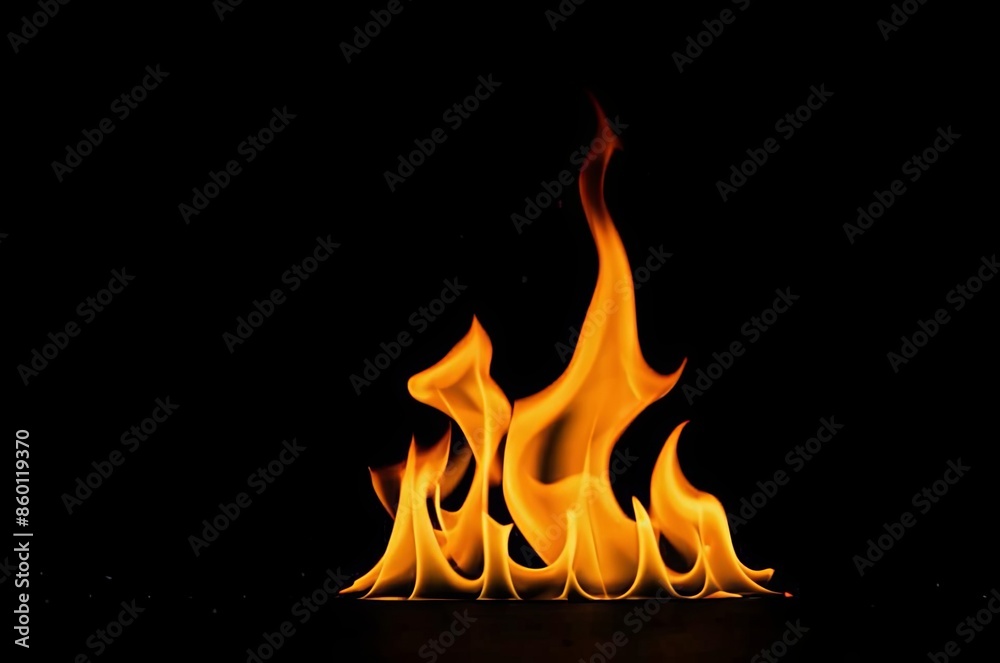Fototapeta premium Orange fire flames at black background decorative illustration with copy space
