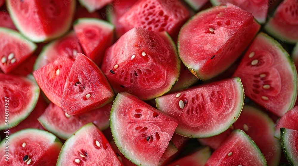 A close-up of freshly cut watermelon slices, revealing their juicy red flesh and green rind A close-up of freshly cut watermelon slices, revealing their juicy red flesh and green rind
