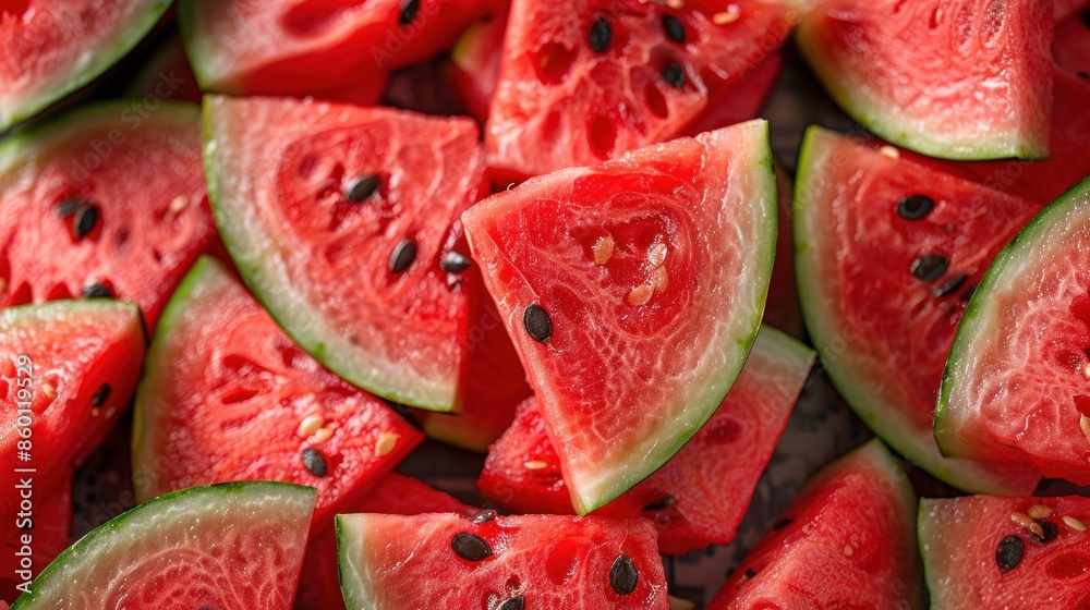 Close-up image of watermelon slices with red flesh and black seeds Close-up image of watermelon slices with red flesh and black seeds