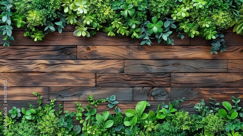 A close-up of a wooden wall with a lush green border of plants A close-up of a wooden wall with a lush green border of plants