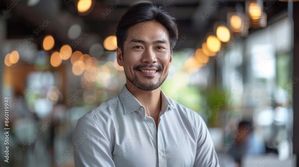 A man in a light shirt stands in a cafe with warm lighting and smiles confidently at the camera A man in a light shirt stands in a cafe with warm lighting and smiles confidently at the camera