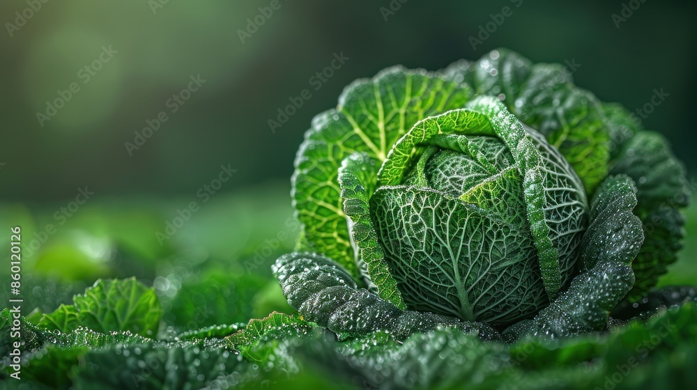 A close-up of a fresh cabbage head in a lush garden setting A close-up of a fresh cabbage head in a lush garden setting