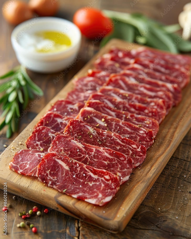A wooden board with thinly sliced beef, seasoned with pepper A wooden board with thinly sliced beef, seasoned with pepper