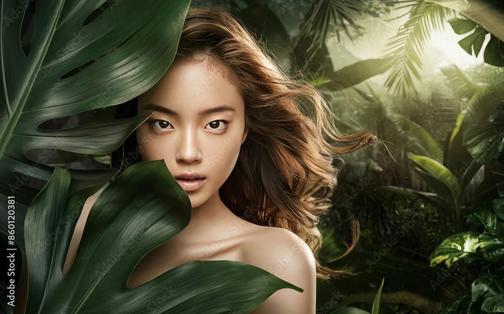 An Asian model shoots a commercial using tropical foliage as the foreground. An Asian model shoots a commercial using tropical foliage as the foreground.