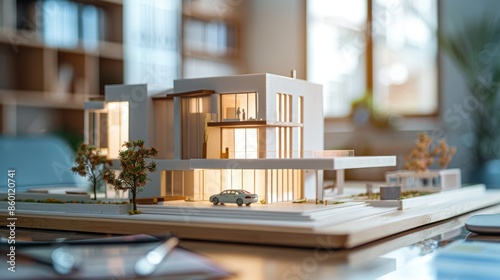 Modern private house model on a table Concept of architecture 