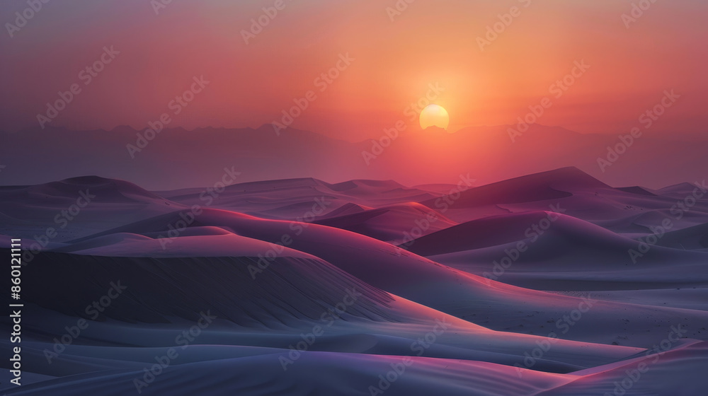A desert landscape with a large sun in the sky A desert landscape with a large sun in the sky