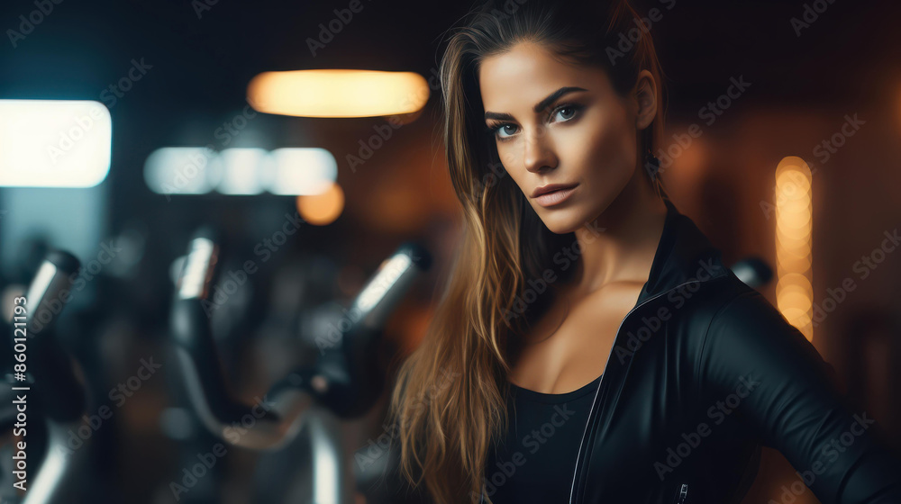 Fototapeta premium A stunning woman cycling in the gym, showcasing fitness and health.