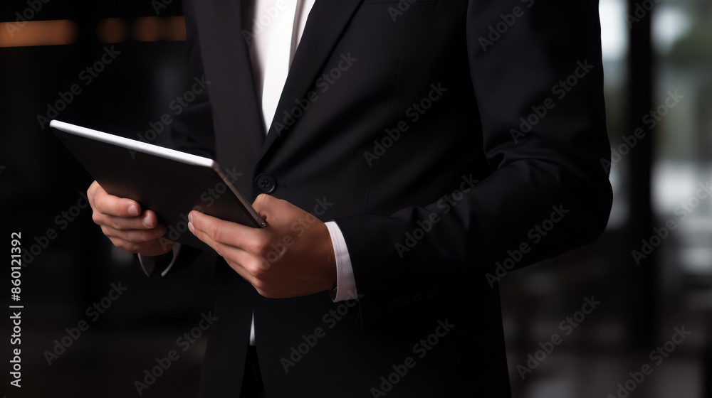 A focused businessman holding a clipboard folder in a professional office setting. A focused businessman holding a clipboard folder in a professional office setting.
