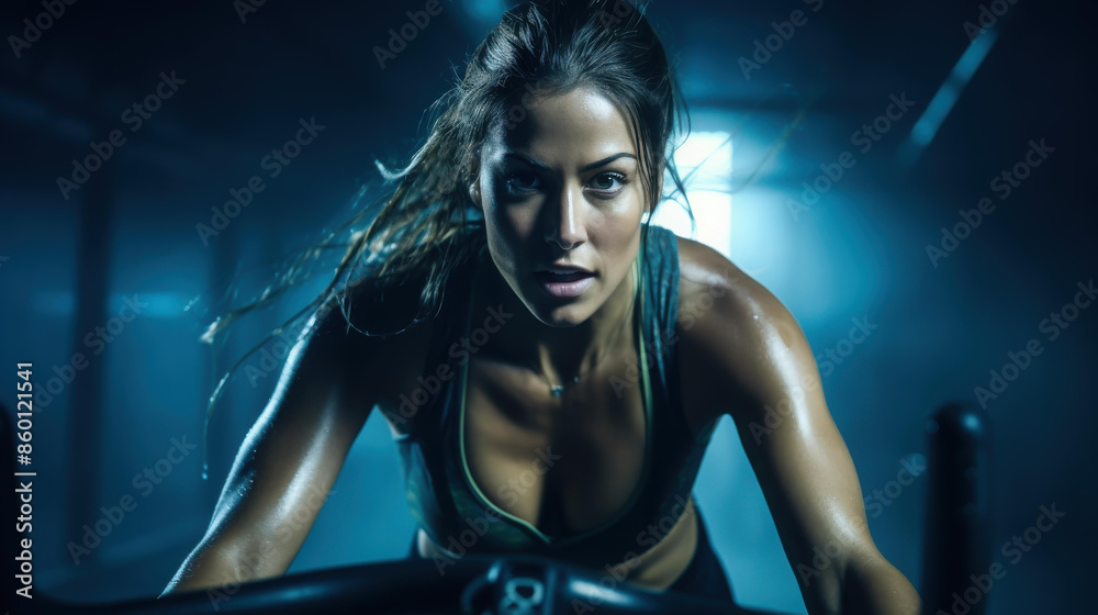 Fitness woman energetically cycling on a spinning bike in a vibrant gym setting. Fitness woman energetically cycling on a spinning bike in a vibrant gym setting.