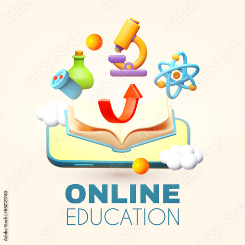 Online education concept. E-learning design with smartphone and symbols of sciences.
