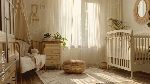 Cozy baby room interior with comfortable crib