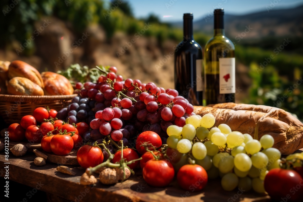 bottle of wine, fresh grapes on a table, with view of the old town on the hills at sunset bottle of wine, fresh grapes on a table, with view of the old town on the hills at sunset