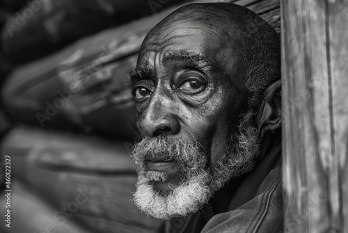 A man with a beard and gray hair is looking out the window