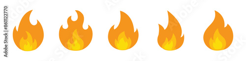 Fire icon collection. Set of five cartoon fire flame icons in flat style. Vector Illustration of Burning Flames in Different Shapes. Isolated Fire Symbol for Hot, Heat, Burning, Flame, or Campfire.
