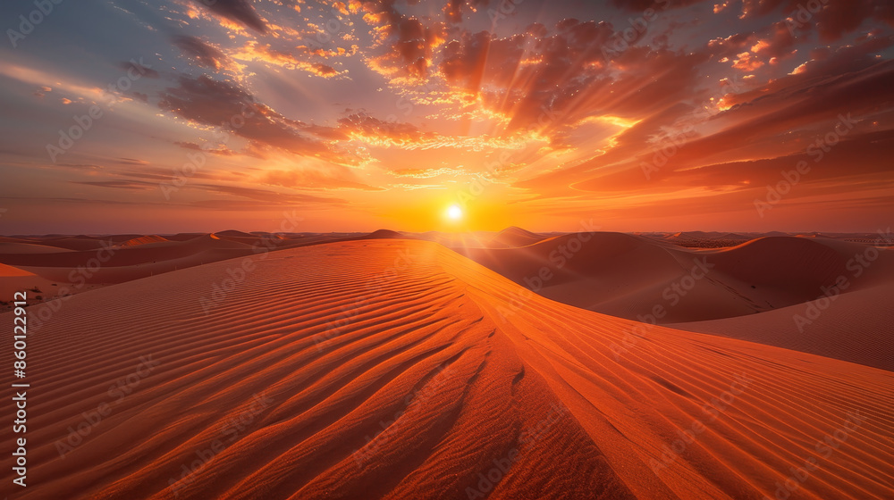 A desert landscape with a sun setting in the background A desert landscape with a sun setting in the background