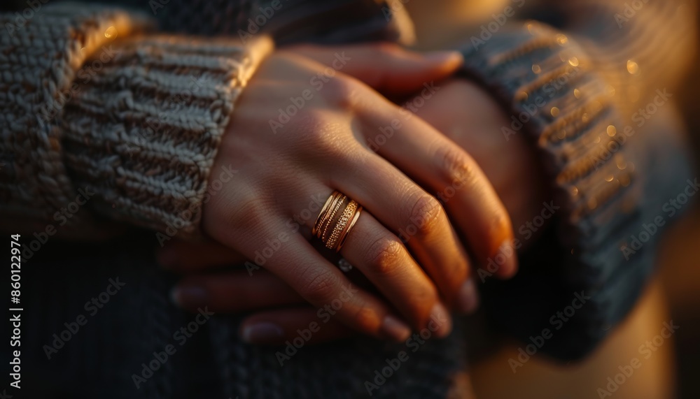 Fototapeta premium Close-up of a person's hands with a gold ring, wearing knitted grey sleeves, creating a warm and cozy atmosphere.