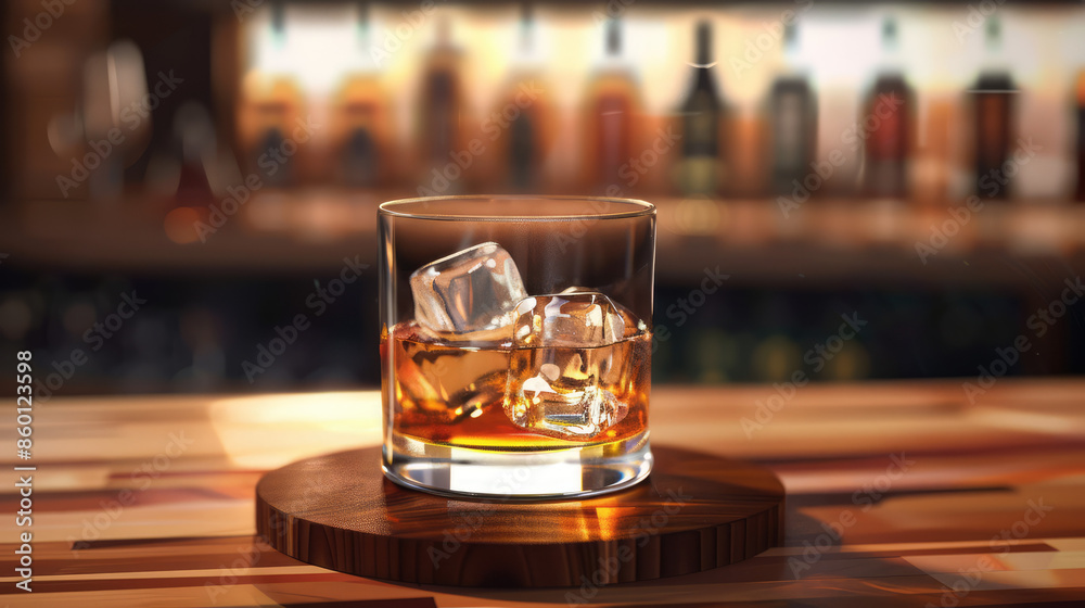 Stylized scotch glass with ice on wooden coaster Stylized scotch glass with ice on wooden coaster
