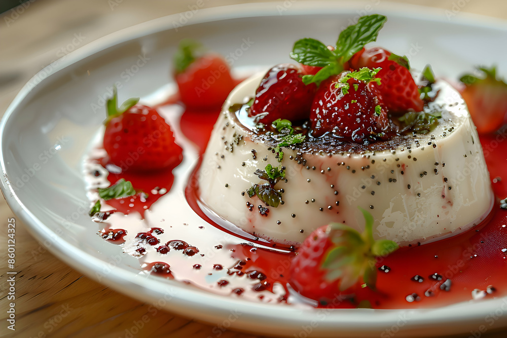 A gourmet panna cotta dish with additional toppings and sauces A gourmet panna cotta dish with additional toppings and sauces