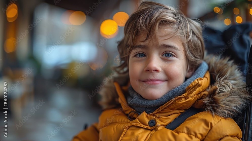 A young boy with blue eyes, dressed in a yellow jacket, smiles warmly inside a cozy, softly lit environment with bokeh lights in the background. A young boy with blue eyes, dressed in a yellow jacket, smiles warmly inside a cozy, softly lit environment with bokeh lights in the background.
