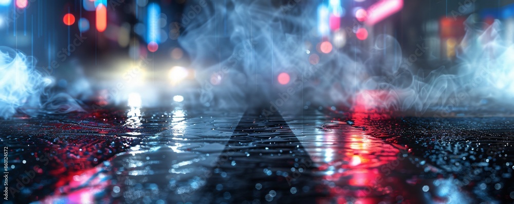 Naklejka premium Wet Pavement with Bokeh Lights and Smoke