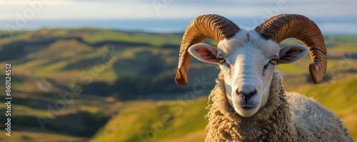 Photo of a sheep with large horns standing in front of rolling hills, representing the English countryside.