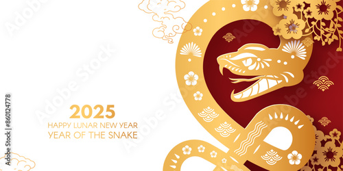 Happy Chinese New Year 2025 with Snake zodiac sign and flowers. Lunar new year card template. Gold paper cut style on red and white background