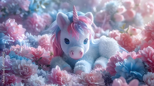 Adorable Baby Unicorn Plush Nestled in Vibrant Floral Scenery for Children photo