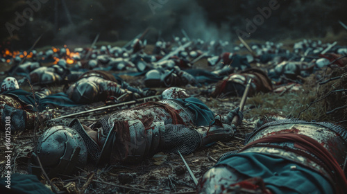 A group of dead warriors lie on the ground