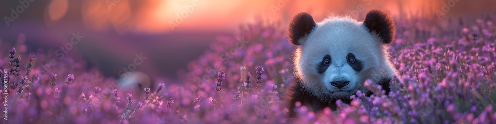 Fototapeta premium At sunset, a Chinese panda roams a lavender meadow, surrounded by the purple beauty of nature.