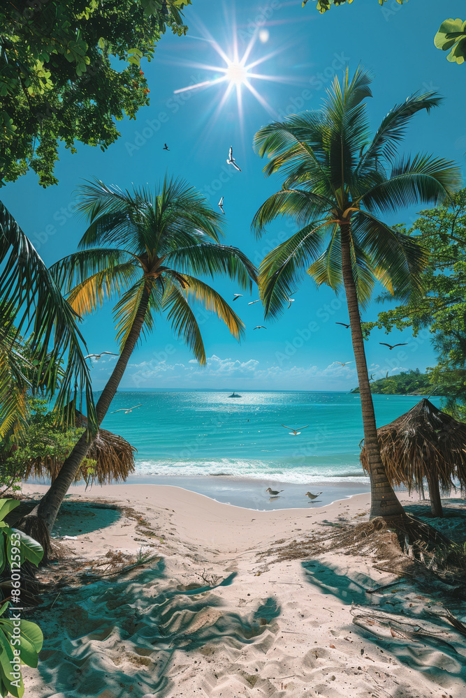 Fototapeta premium An idyllic coastal scenery with palm trees, turquoise waters, and a tranquil atmosphere.