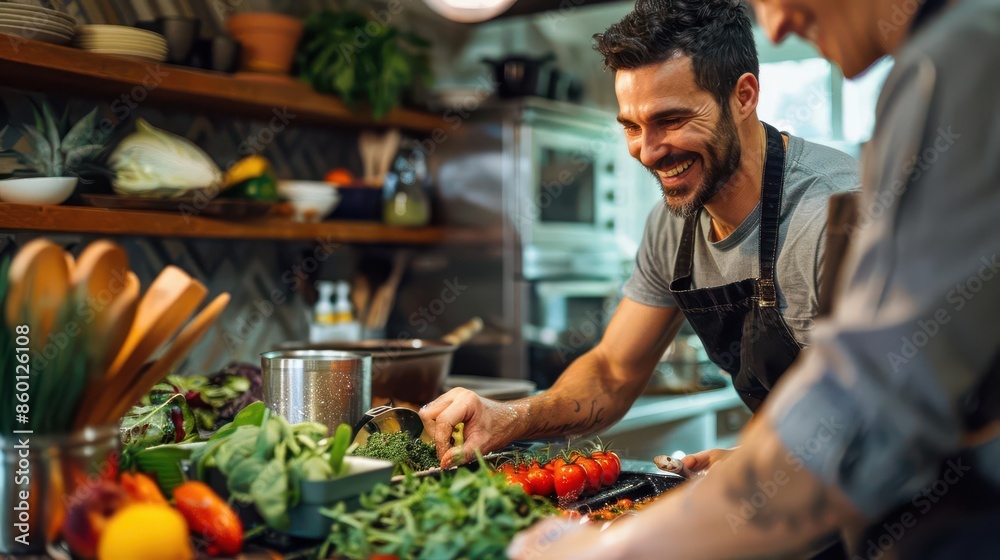 Chefs utilizing innovative zero waste culinary techniques in a vibrant kitchen setting Chefs utilizing innovative zero waste culinary techniques in a vibrant kitchen setting