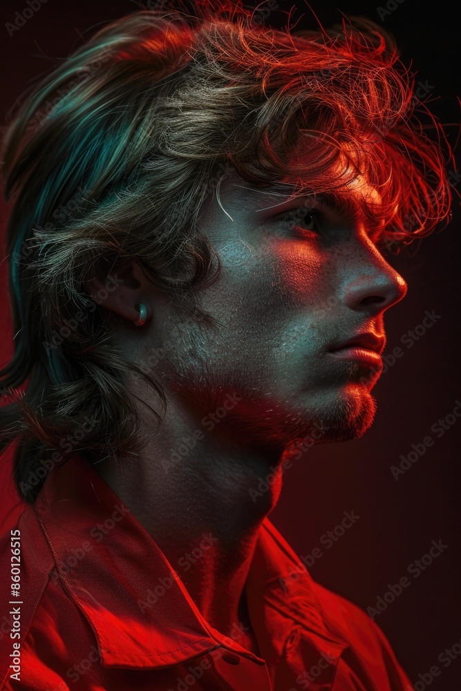 Man with long hair wearing red shirt Man with long hair wearing red shirt