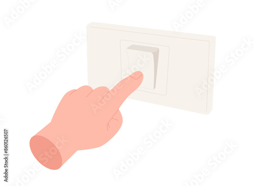 Hand pressing on switch isolated on white background. Concept of starting, turning on or turning off the light, hands pushing, pressing button, fingers, hitting, activating. Flat vector illustration.