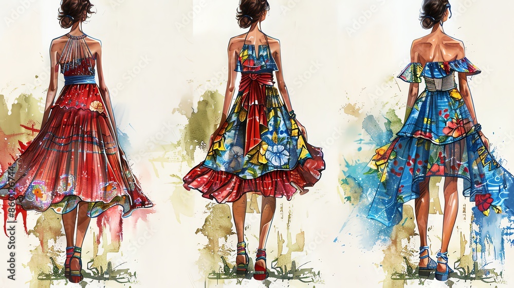 Naklejka premium Three fashion illustrations of women in dresses with watercolor backgrounds.