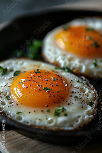 Perfectly fried sunny side up eggs in skillet