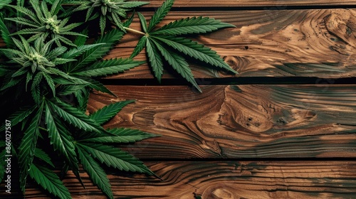 Cannabis leaf on wooden table with space for text Agriculture concept