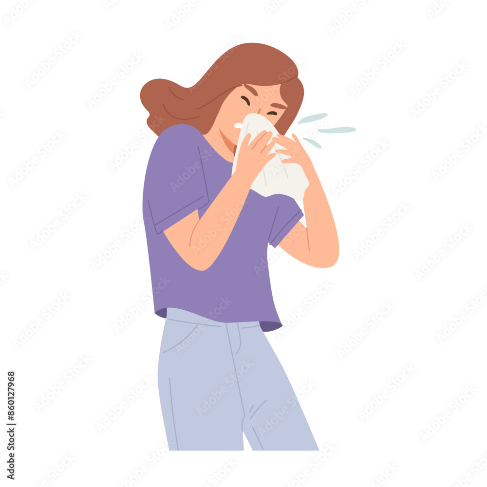 Young woman is sneezing isolated on white background. Concept of illness, sickness, cold and flu, fever, Covid-19, cough, unwell, sick symptom, health care. Flat vector illustration character. Young woman is sneezing isolated on white background. Concept of illness, sickness, cold and flu, fever, Covid-19, cough, unwell, sick symptom, health care. Flat vector illustration character.
