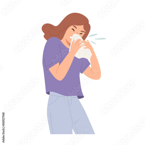 Young woman is sneezing isolated on white background. Concept of illness, sickness, cold and flu, fever, Covid-19, cough, unwell, sick symptom, health care. Flat vector illustration character.