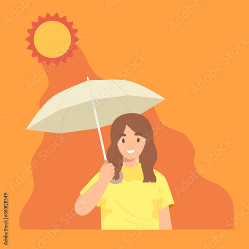 Young female holding UV prevent umbrella under hot sunlight. Concept of heat weave, hot weather, summer, heat stroke prevention, sunburn protection. Flat vector illustration character.