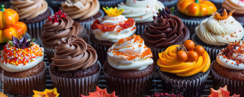 A display of assorted fall-themed cupcakes, each decorated with autumn colors and designs, Pop Art, Bold colors, High contrast, Photography., Realistic A display of assorted fall-themed cupcakes, each decorated with autumn colors and designs, Pop Art, Bold colors, High contrast, Photography., Realistic