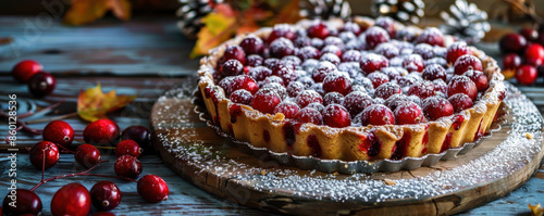 A cranberry pecan bar with a drizzle of white chocolate, served on a festive plate with fall decorations, Cozy, Warm tones, Photography., Realistic