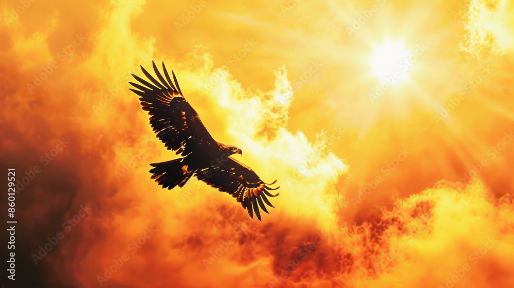 Fototapeta premium Illustration of a lone eagle in flight against a golden sunset.