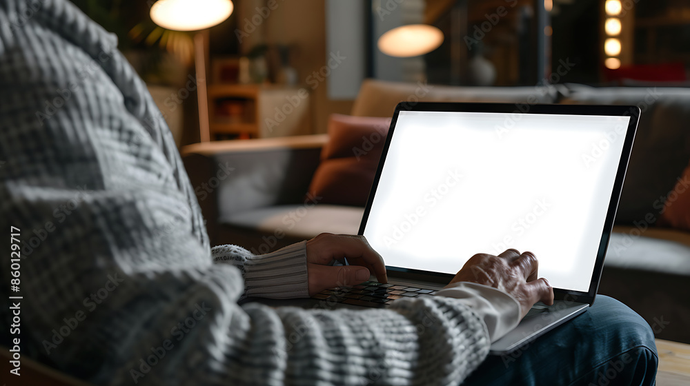 Man using laptop with blank screen at home, closeup. Man using laptop with blank screen at home, closeup.