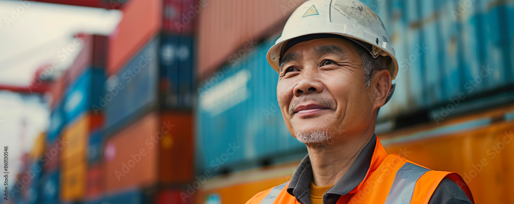 Chinese worker standing in front of stacked shipping containers. Container terminal - freight shipping background. International trade banner. Import export concept. Chinese worker standing in front of stacked shipping containers. Container terminal - freight shipping background. International trade banner. Import export concept.