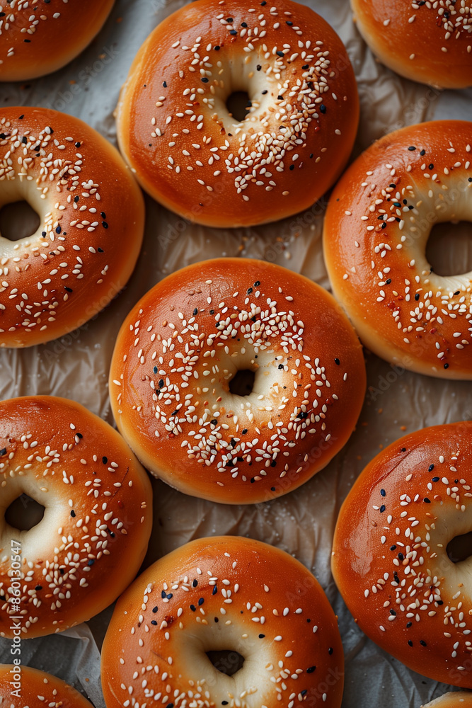 Freshly baked bagels with sesame and poppy seeds Freshly baked bagels with sesame and poppy seeds