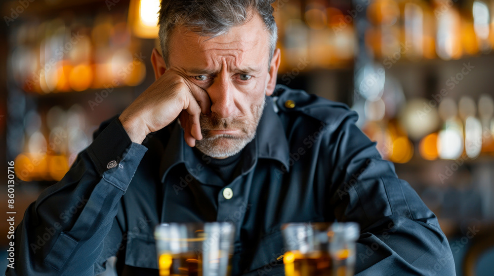Depressed cop drinking in a bar, grieving his killed partner Depressed cop drinking in a bar, grieving his killed partner