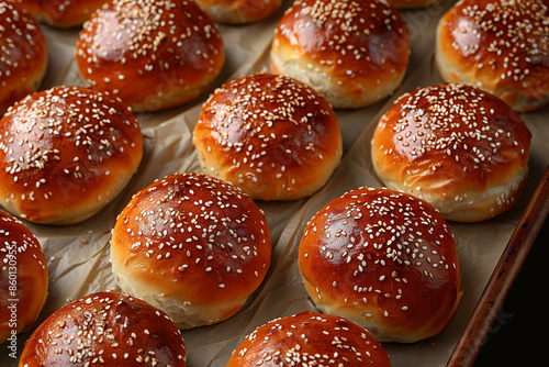Freshly baked bread rolls with sesame seeds topping
