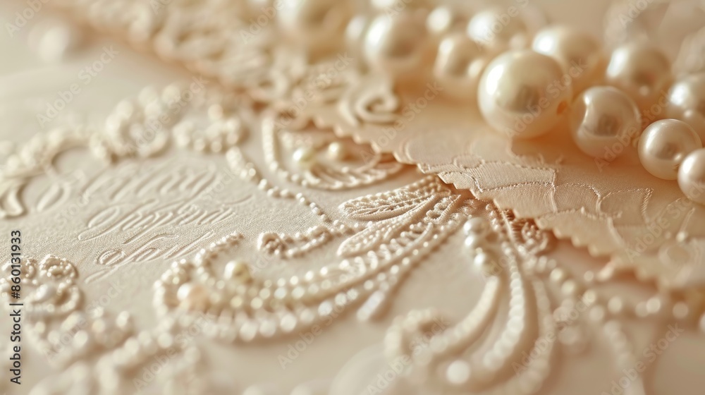 Elegant close-up of an embossed wedding invitation card with lace detail and pearl necklace. Perfect for invitations and wedding stationery designs. Elegant close-up of an embossed wedding invitation card with lace detail and pearl necklace. Perfect for invitations and wedding stationery designs.