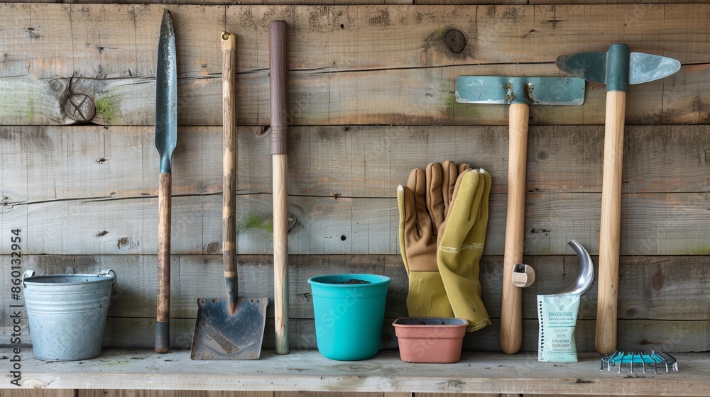 a flat lay scene with a collection of gardening tools--trowel, gloves, seed packets, and pots a flat lay scene with a collection of gardening tools--trowel, gloves, seed packets, and pots